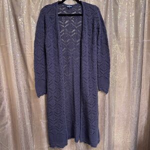 Freshman 1996 Gray Open Front Long Crochet Knit Sweater Cardigan Small